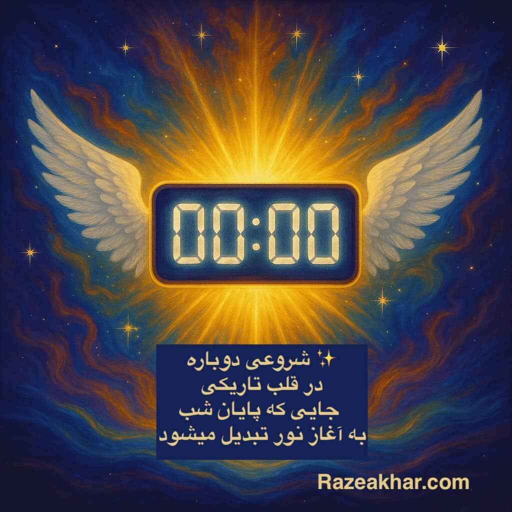تصویری معنوی از ساعت ۰۰:۰۰ با نماد آغاز تازه، عشق الهی و تحول روحی