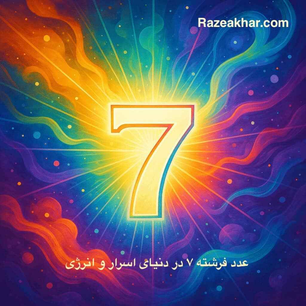 عدد فرشته ۷ در فضای اسرارآمیز با انرژی معنوی و نمادهای عرفانی.