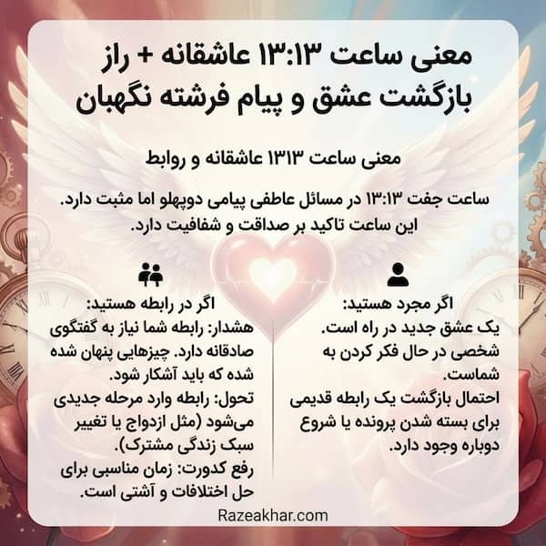 معنی ساعت ۱۳:۱۳ عاشقانه و پیامهای احساسی ساعت جفت ۱۳ ۱۳ در روابط، نشانه عشق جدید، صداقت و تحول رابطه